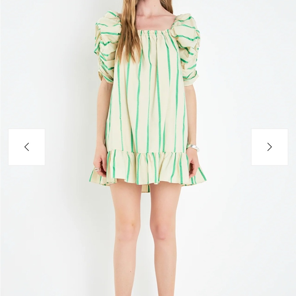 English Factory Stripe Babydoll Dress Beige/Green